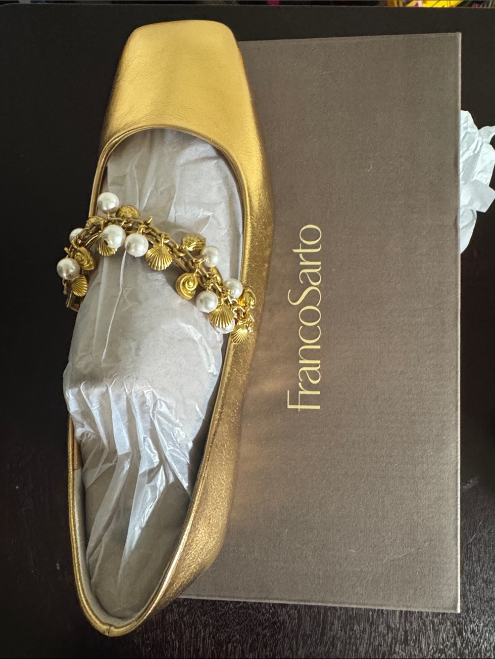Franco Sarto Metallic Gold Embellished Pearl Loafer